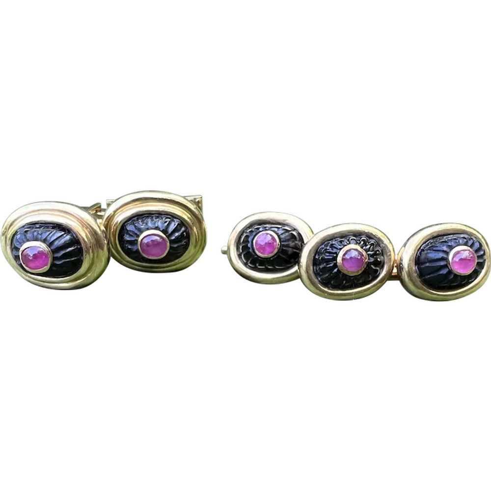 18K Yellow Gold Carved Onyx and Ruby Cufflinks an… - image 1