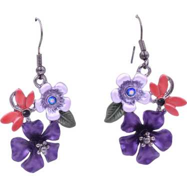 Earrings Pierced Dangle Enamel Rhinestone Flower - image 1