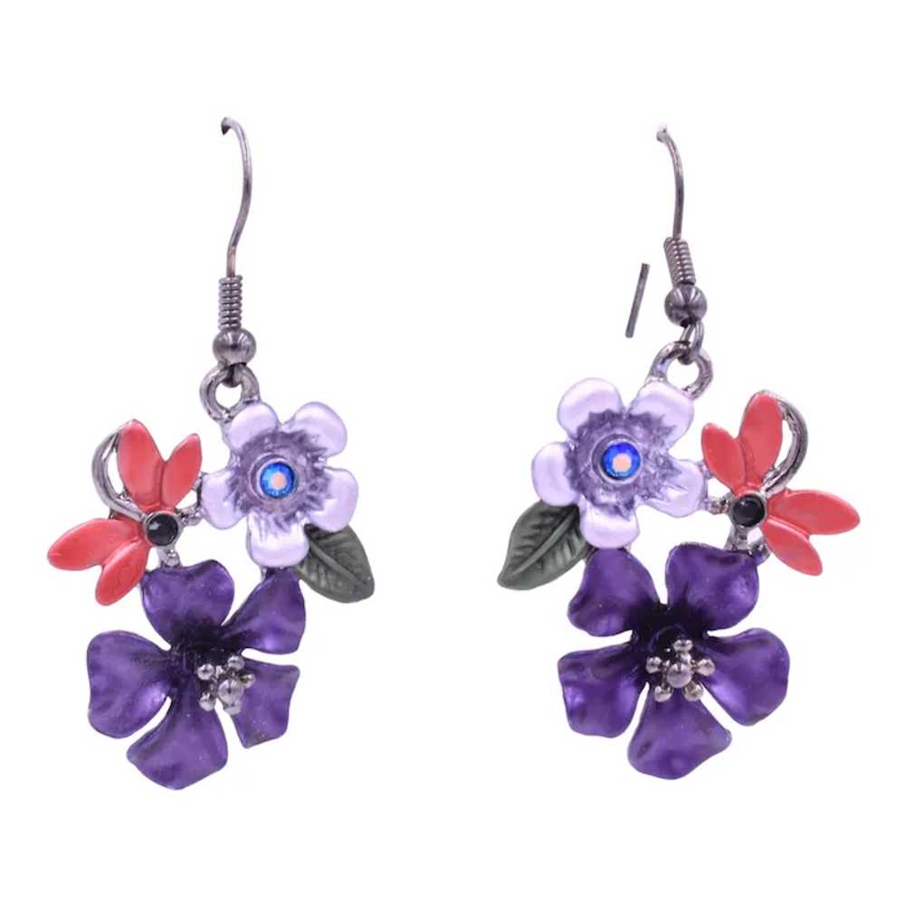 Earrings Pierced Dangle Enamel Rhinestone Flower - image 2