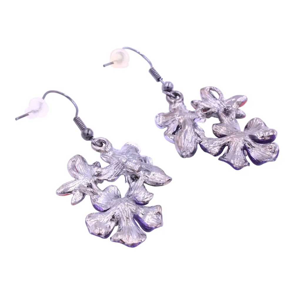 Earrings Pierced Dangle Enamel Rhinestone Flower - image 3