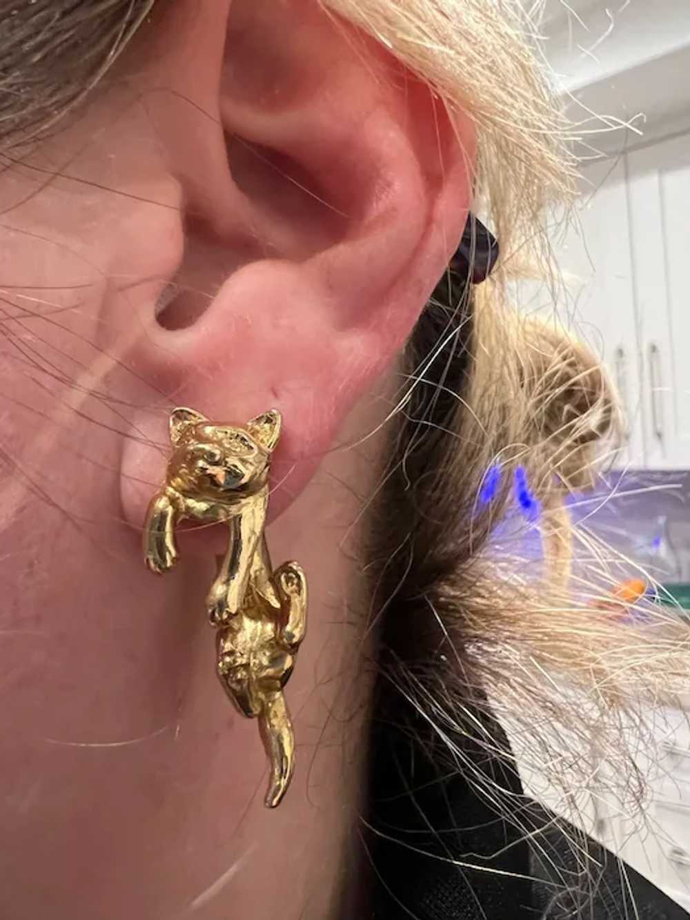 Vintage Gold Plated Illusion Cat Earrings - image 3