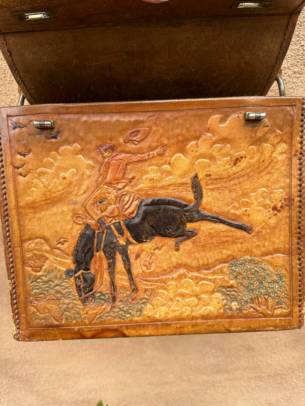 Hand Tooled Leather Cowboy Tack Box/Carry Case - image 2