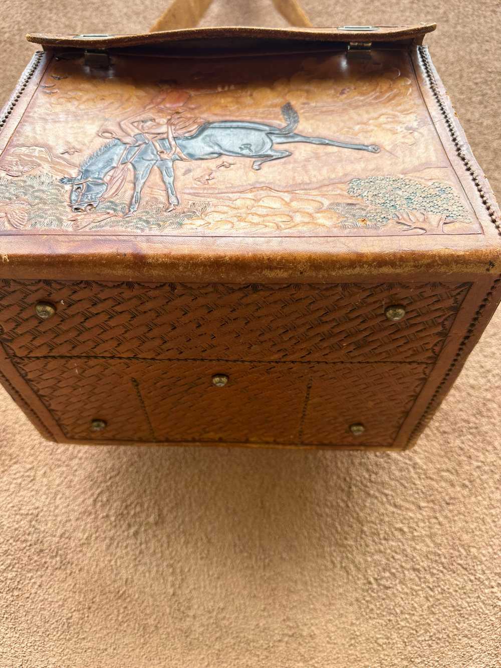 Hand Tooled Leather Cowboy Tack Box/Carry Case - image 3