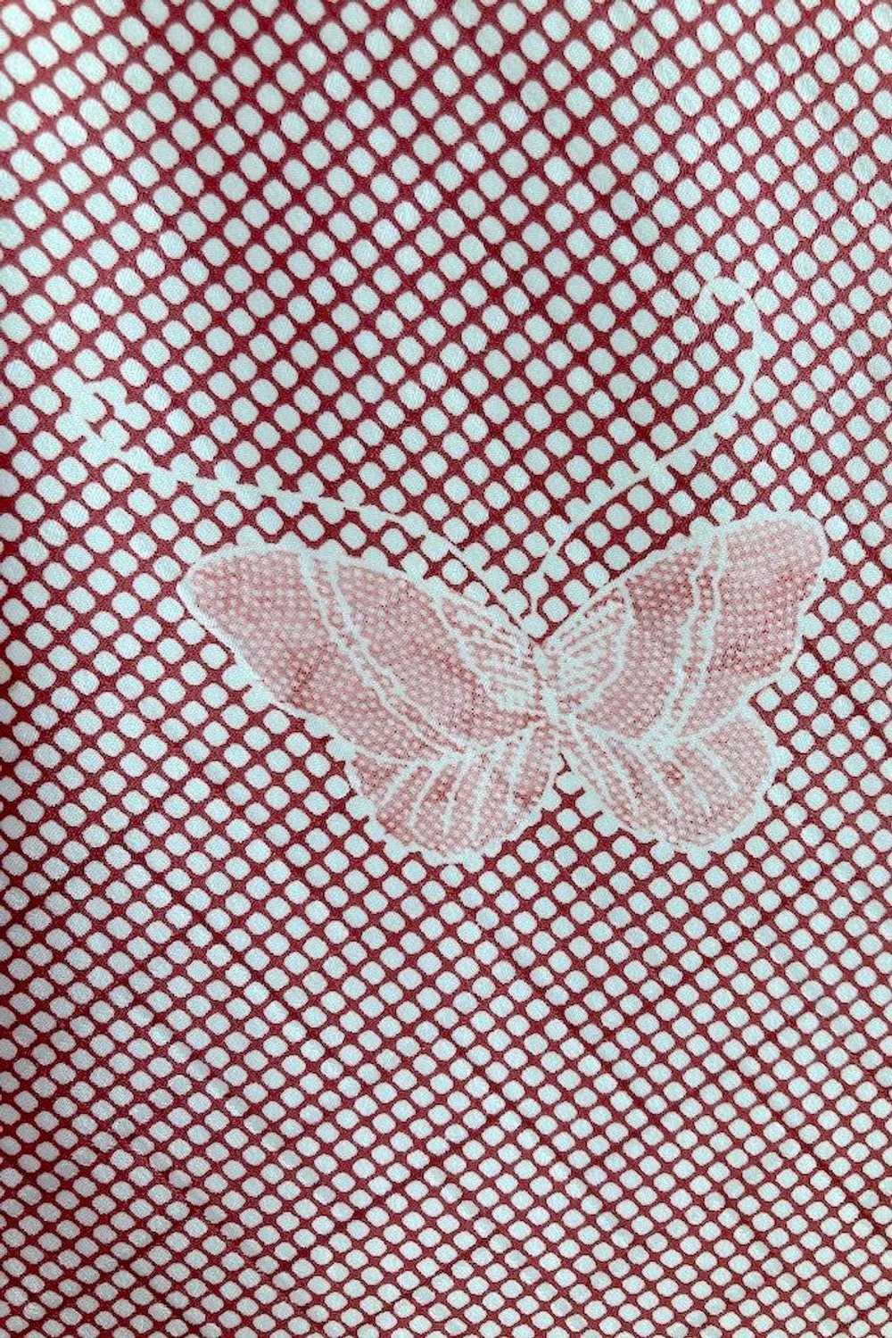 Vintage Ivory & Maroon Red Butterflies Silk Kimono - image 3