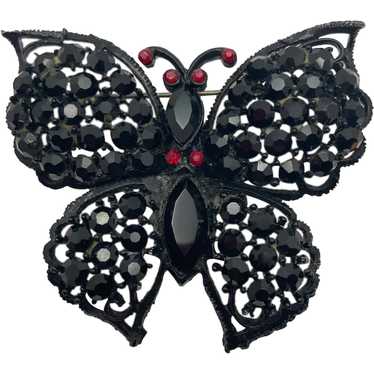 Vintage Japanned Black Rhinestone Butterfly Brooch