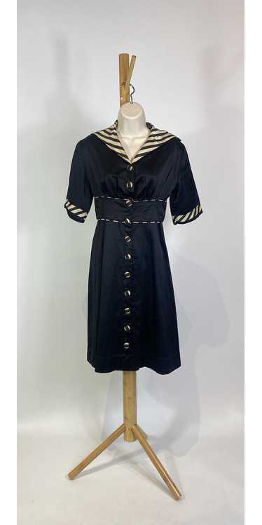1940s Black Cotton Striped Trim Day Dress - image 1
