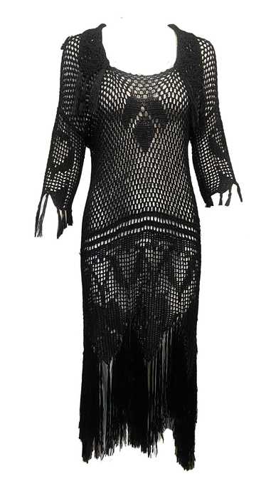 20s Black Rayon Blend Hand Crochet Dress with Frin