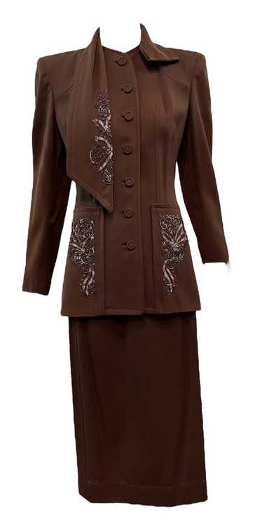 RARE 40s Chocolate Brown Wool Gabardine Beaded Su… - image 1