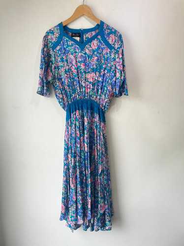 Vintage Diane Freis Teal Blue Multi Silk Dress