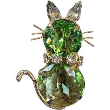 VINTAGE JOSEPH WARNER GREEN RHINESTONE hot KITTY CAT BROOCH