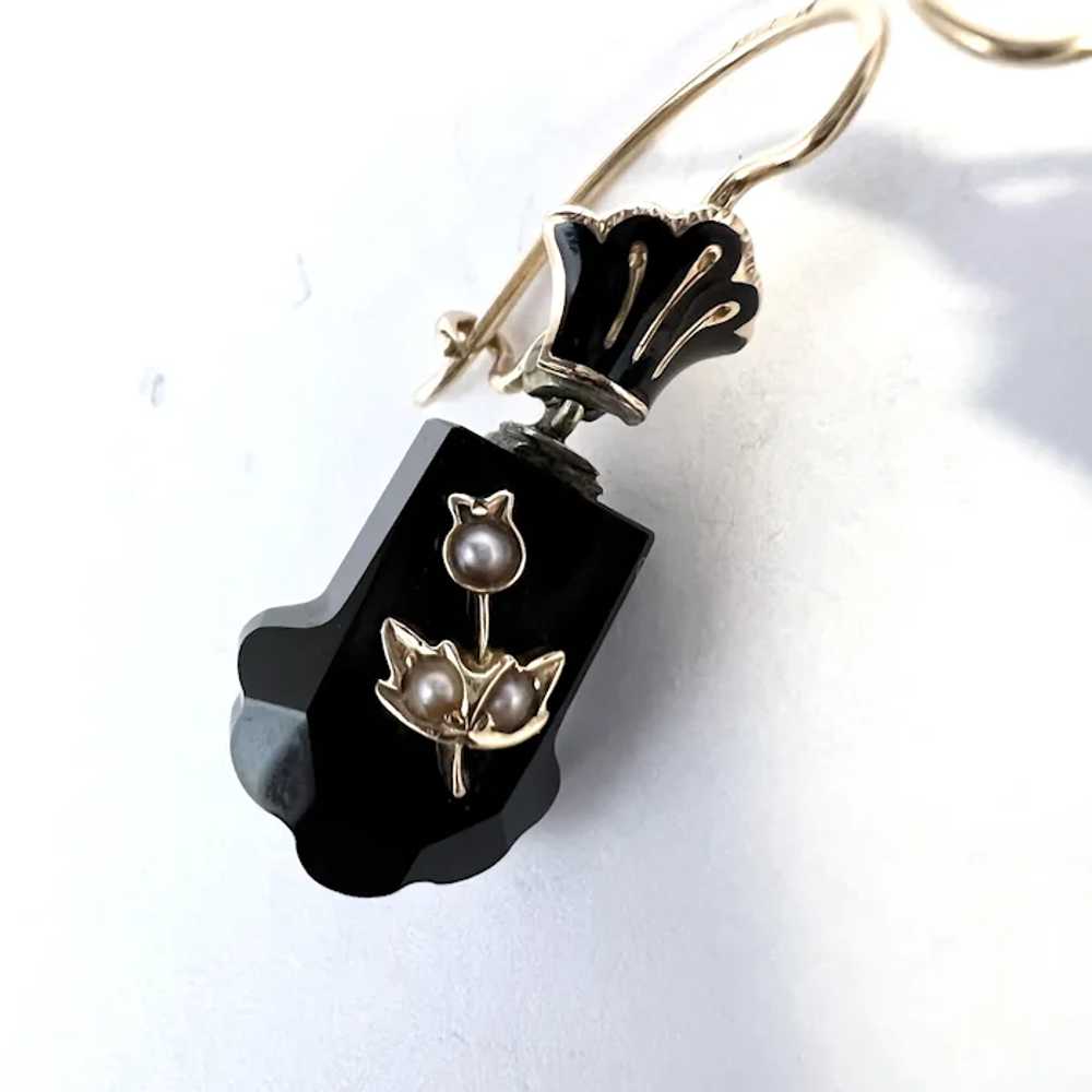 Antique Victorian 14k Gold Onyx Enamel Seed Pearl… - image 3