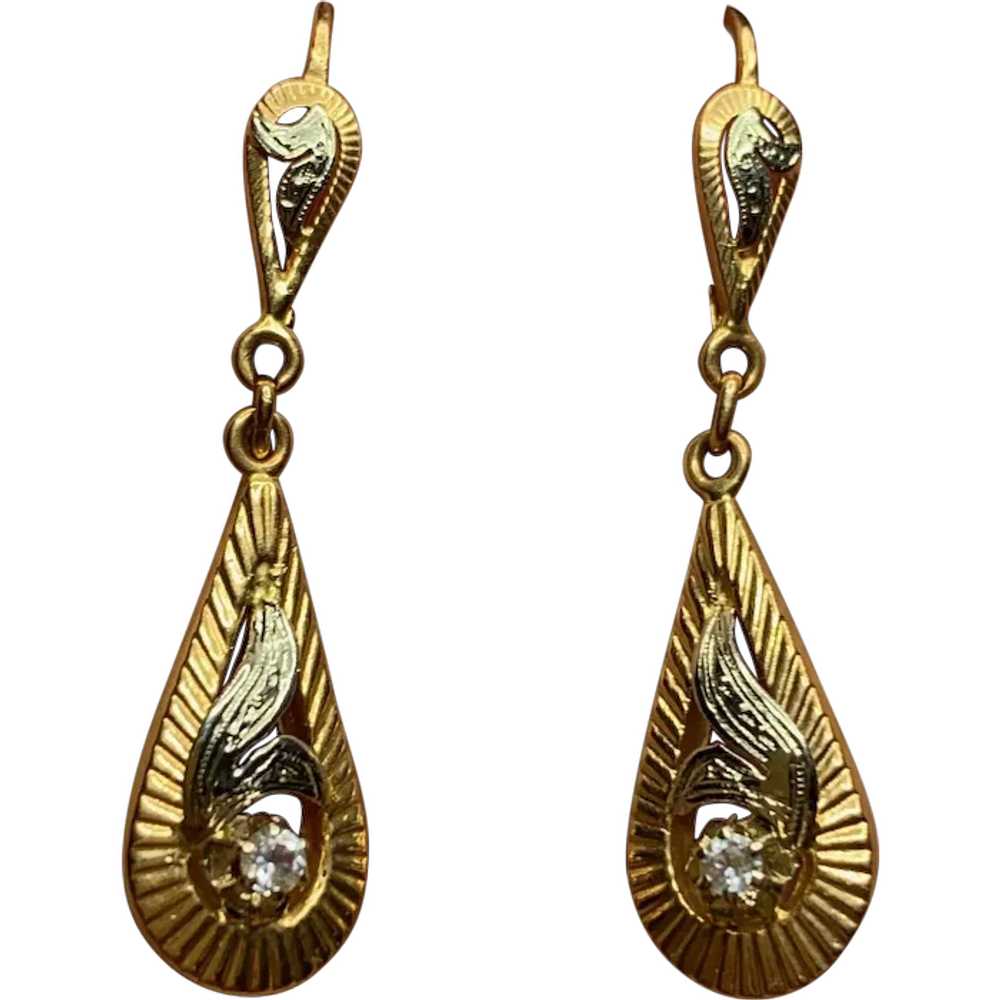 French 18 k gold 2 tones paste diamond drop  earr… - image 1