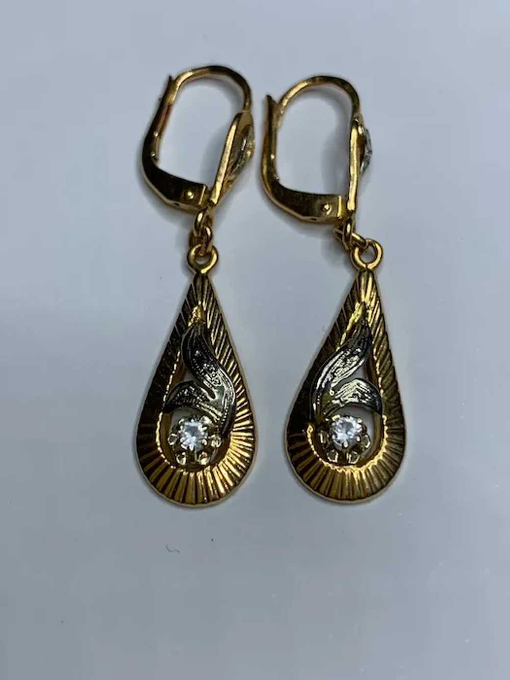 French 18 k gold 2 tones paste diamond drop  earr… - image 2