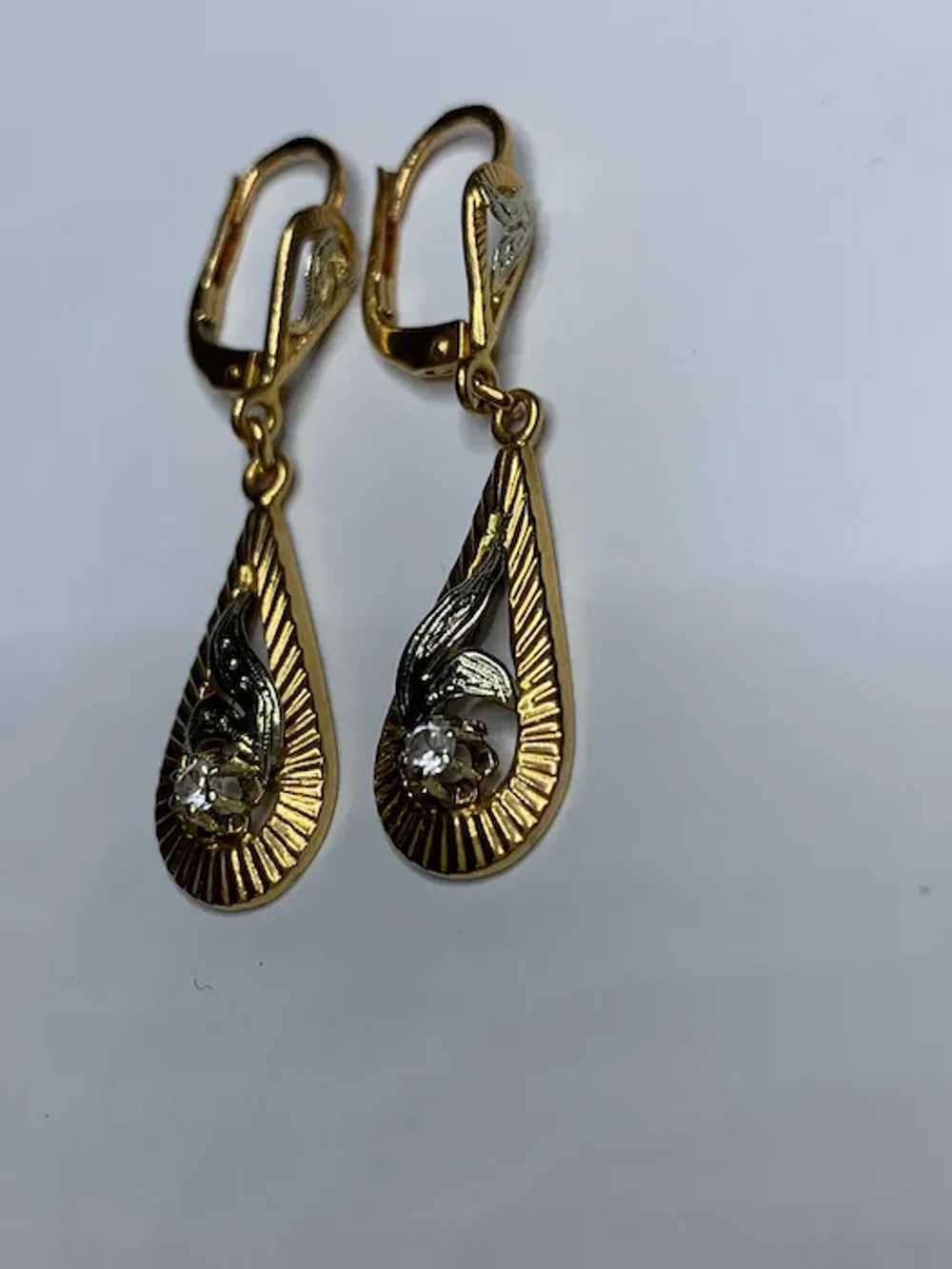 French 18 k gold 2 tones paste diamond drop  earr… - image 5