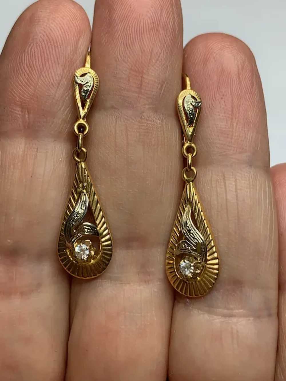 French 18 k gold 2 tones paste diamond drop  earr… - image 6