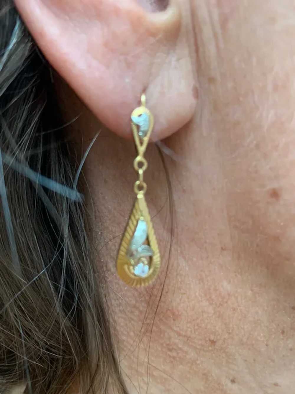 French 18 k gold 2 tones paste diamond drop  earr… - image 7