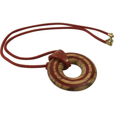 Bakelite and Wood Pendant Necklace on Cord - image 1