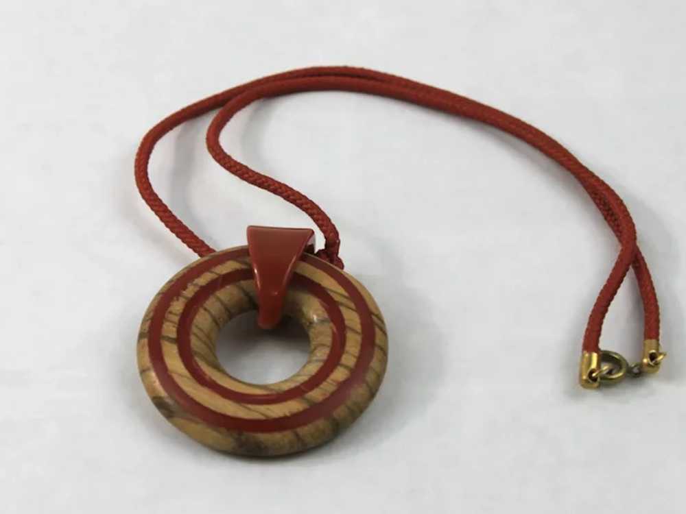 Bakelite and Wood Pendant Necklace on Cord - image 2