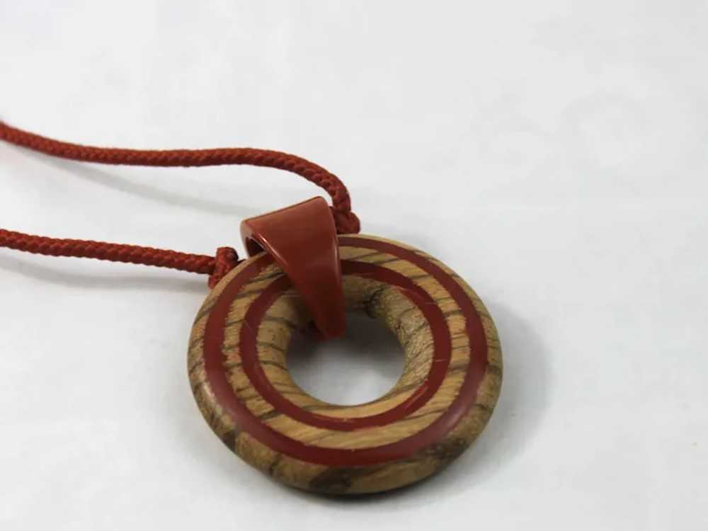Bakelite and Wood Pendant Necklace on Cord - image 3