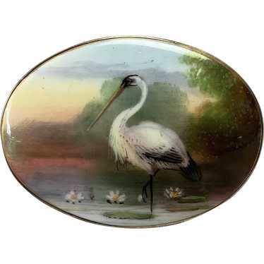 Bird in Water Hand Painted Porcelain Pin 9K - image 1