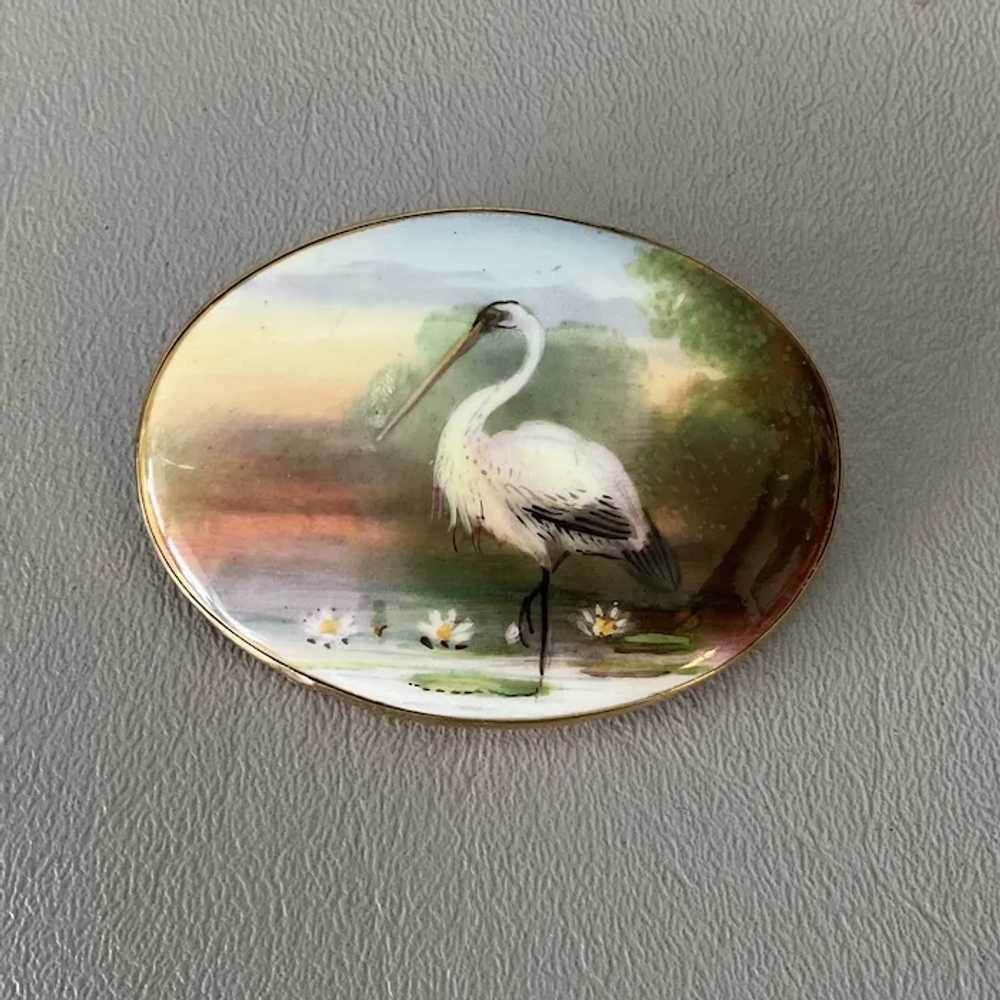 Bird in Water Hand Painted Porcelain Pin 9K - image 2