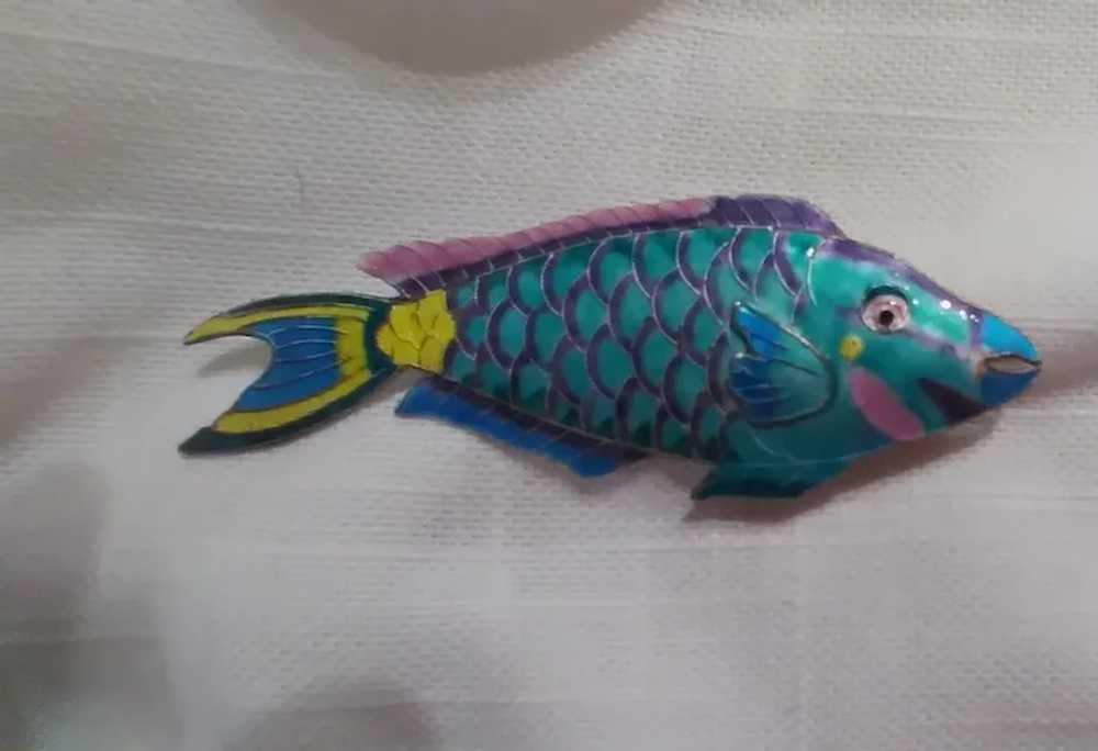 Turquoise Parrot Fish Cloisonne on Sterling Chine… - image 2