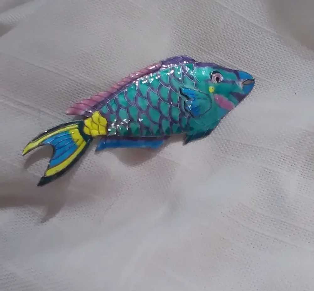 Turquoise Parrot Fish Cloisonne on Sterling Chine… - image 5