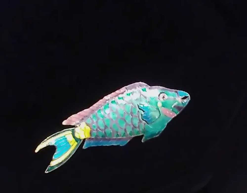 Turquoise Parrot Fish Cloisonne on Sterling Chine… - image 6