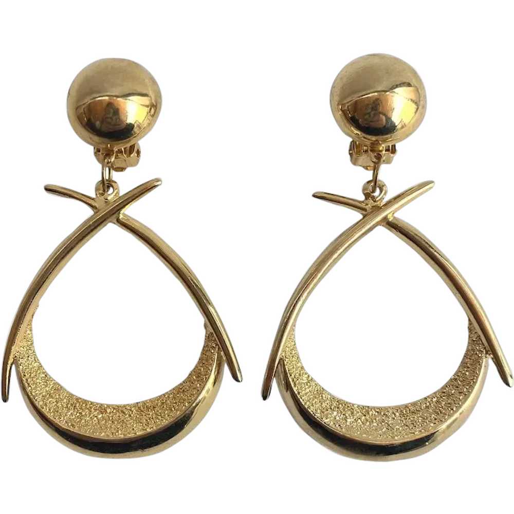 Vintage Gold Tone Dangle Earrings Clip Ons Huge S… - image 1