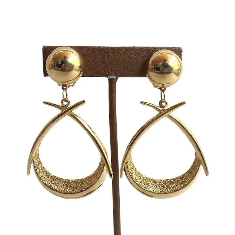 Vintage Gold Tone Dangle Earrings Clip Ons Huge S… - image 2
