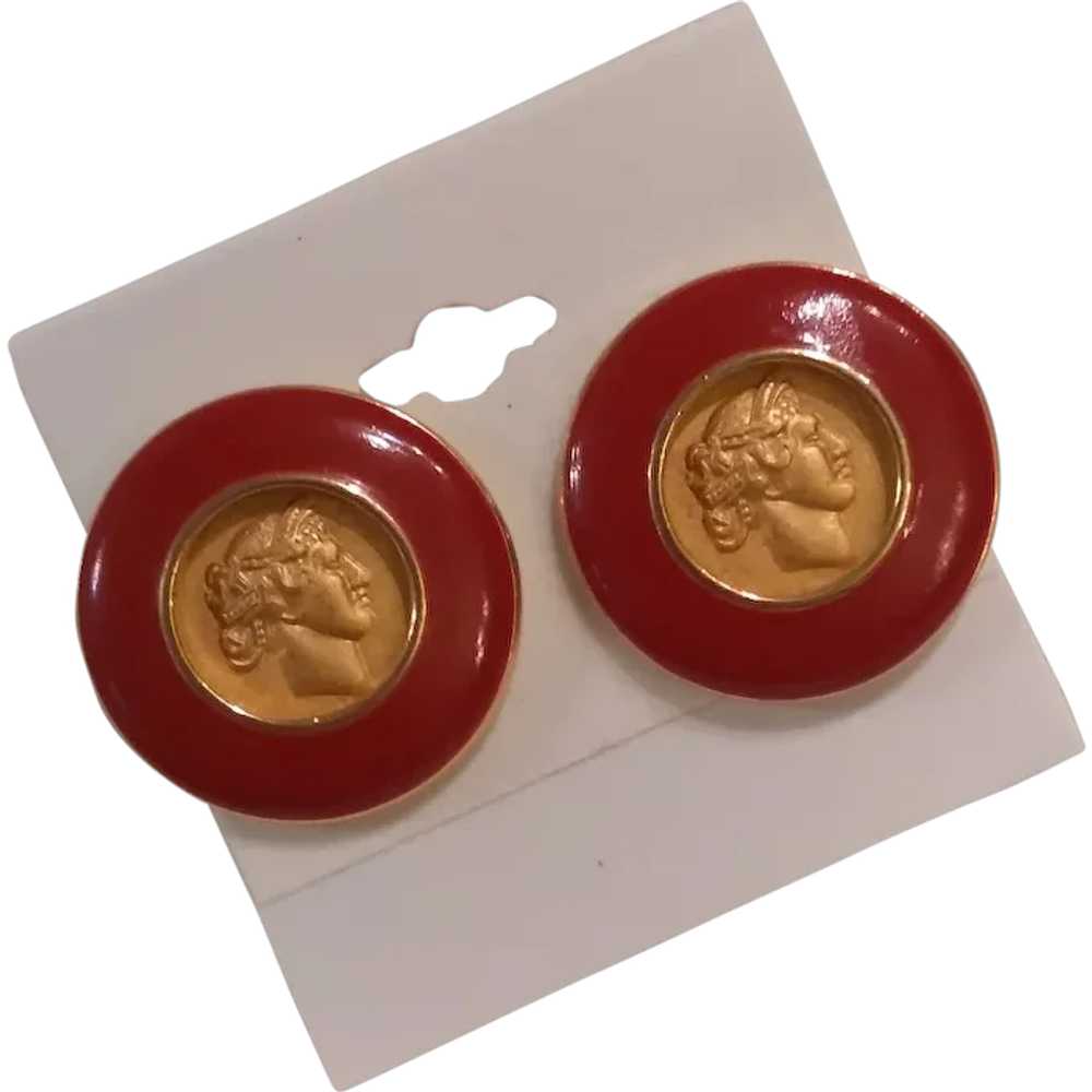 Monet Classic Athena Goddess Button Coin Earrings… - image 1