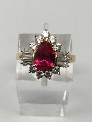 14K Yellow Gold Pear Shape Created Ruby and Cubic… - image 1