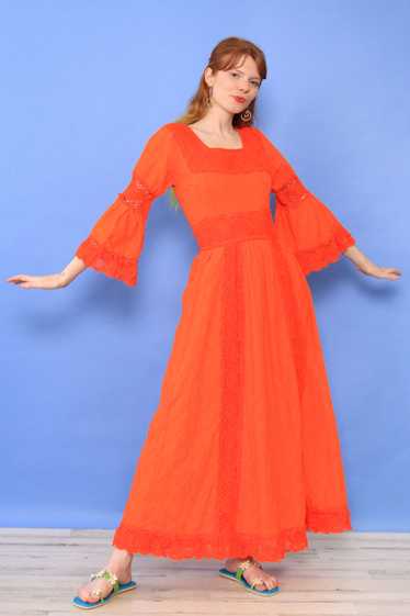 Tangerine Lace Trim Mexican Dress S