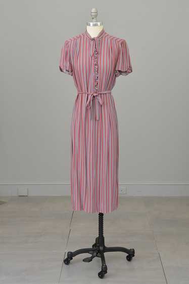 1970s Silky Striped Shift Dress with Ruffled Neckl