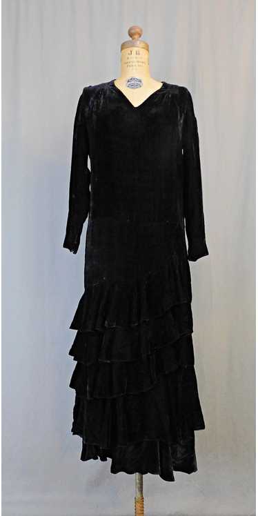 Vintage 1920s Black Velvet Dress, Layered Velvet, 