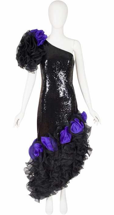 1988 Documented Black Sequin Ruffle One-Shoulder … - image 1