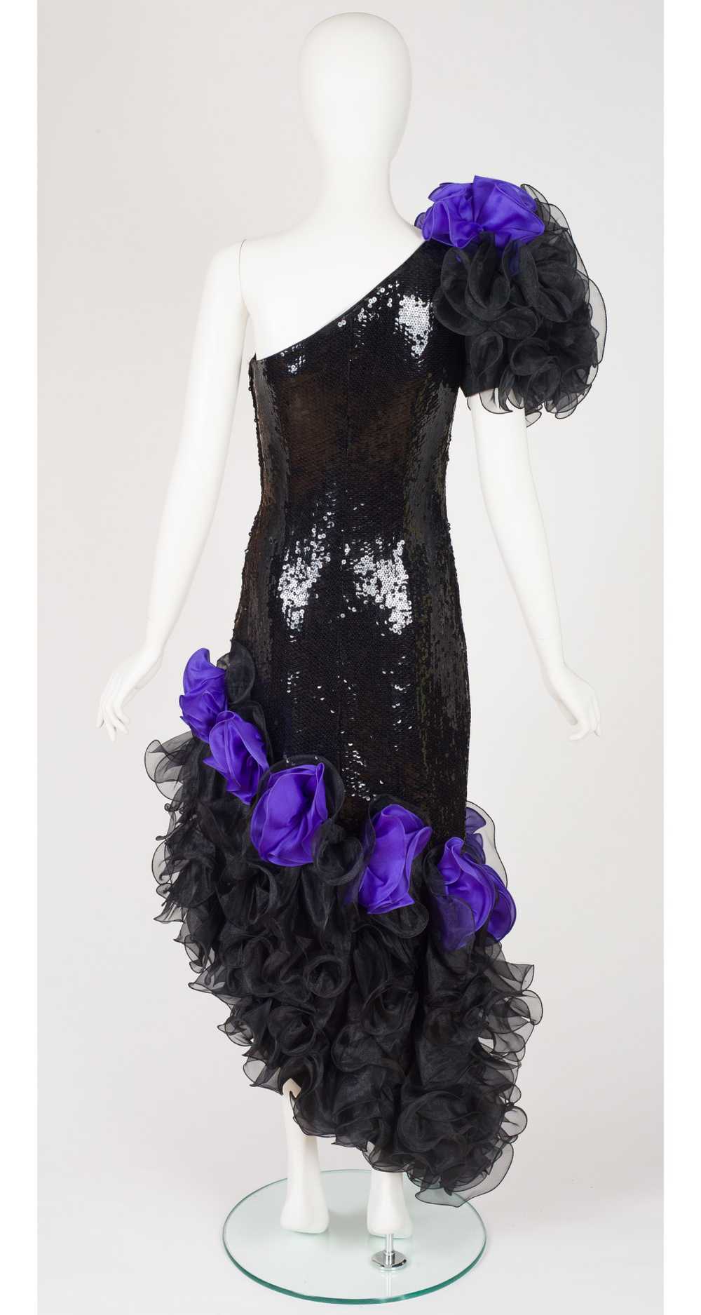 1988 Documented Black Sequin Ruffle One-Shoulder … - image 4