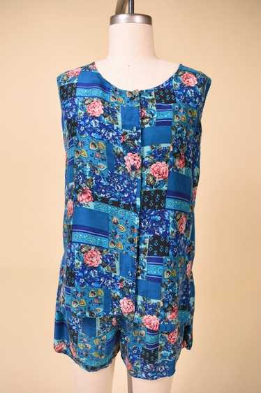 Blue Floral Patchwork Print Silk Tank + Shorts by 