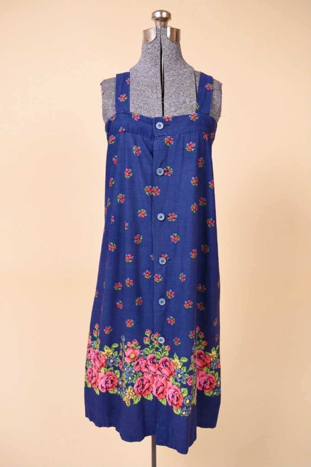 French Buttoned Blue Floral Cotton Sundress, L/XL - image 1