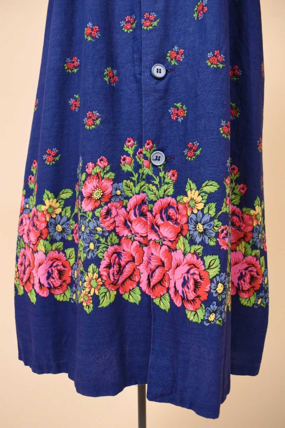 French Buttoned Blue Floral Cotton Sundress, L/XL - image 7