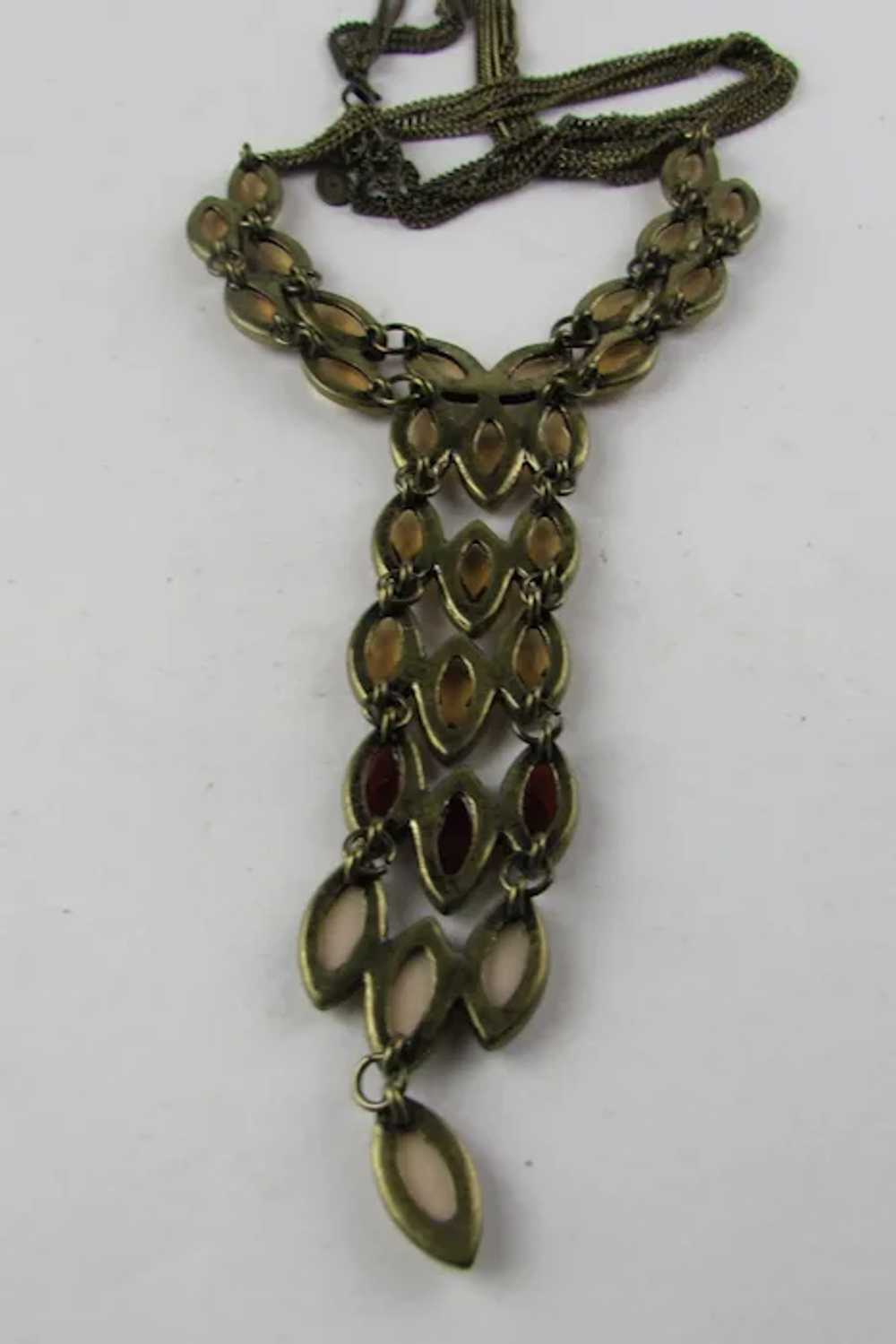 Signed Bronze Tone Waterfall Necklace WIth Faux C… - image 4