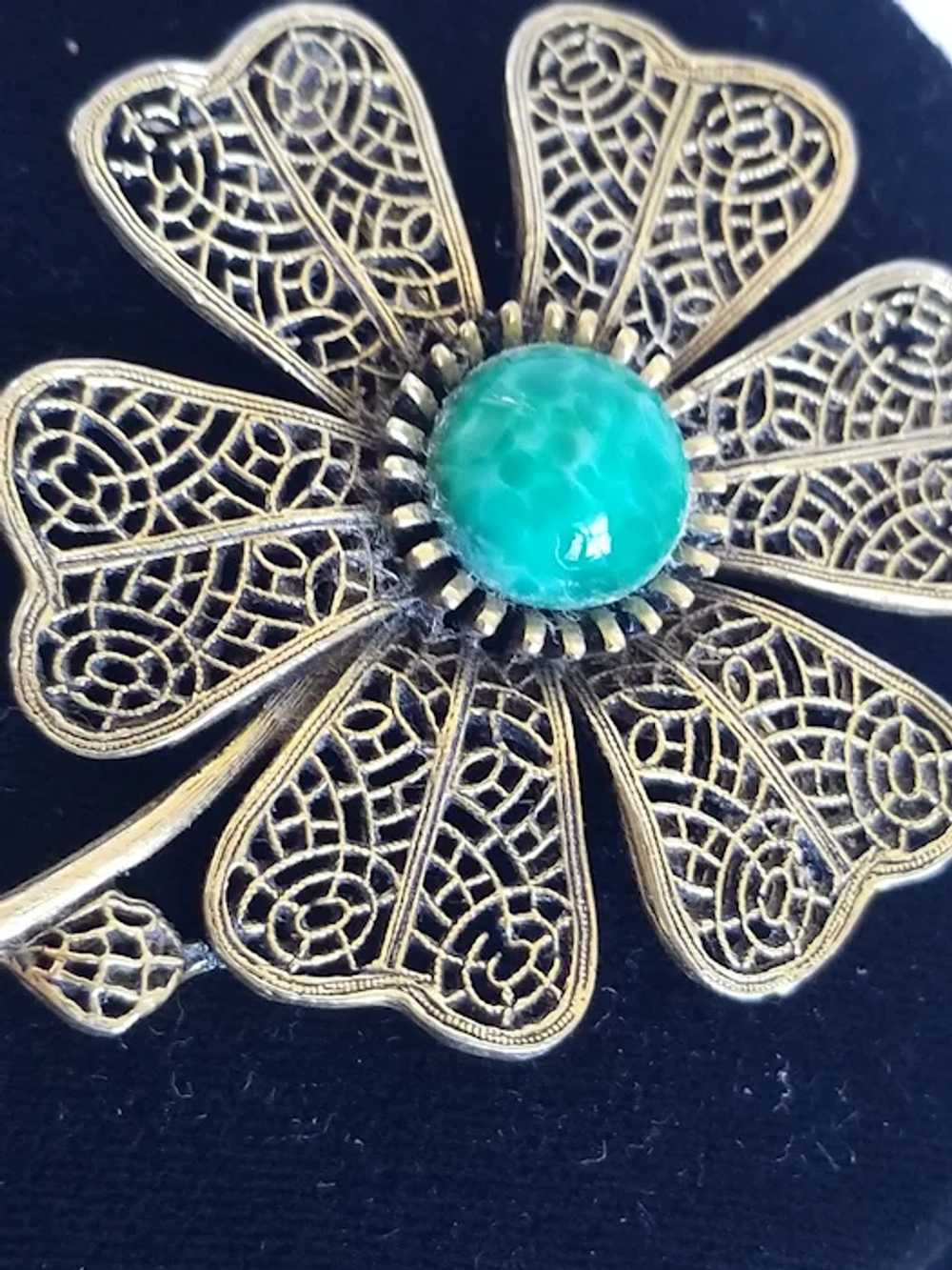 Retro Flower Brooch with Green Mottled Glass Ston… - image 2