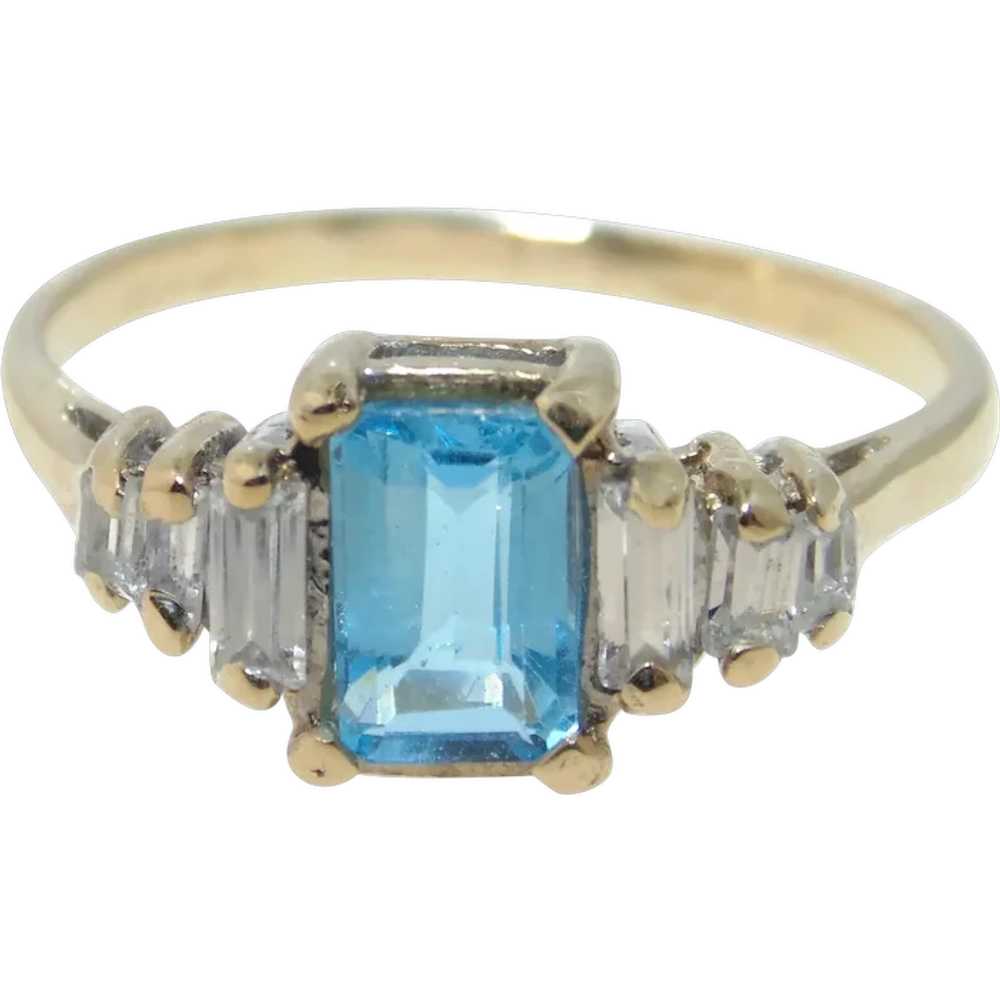 Estate Blue Emerald Cut Topaz Dainty Ring in 14k … - image 1