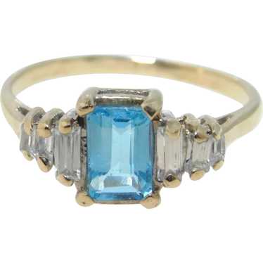 Estate Blue Emerald Cut Topaz Dainty Ring in 14k … - image 1