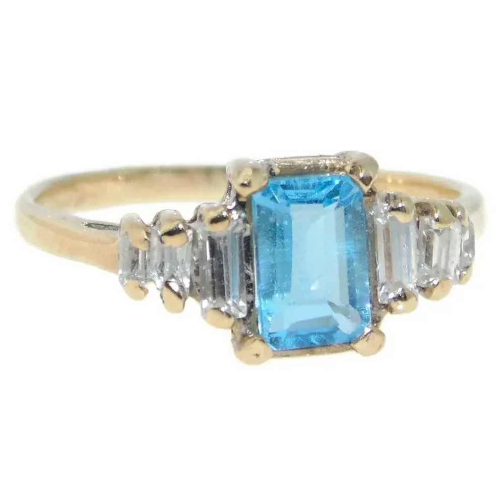 Estate Blue Emerald Cut Topaz Dainty Ring in 14k … - image 2