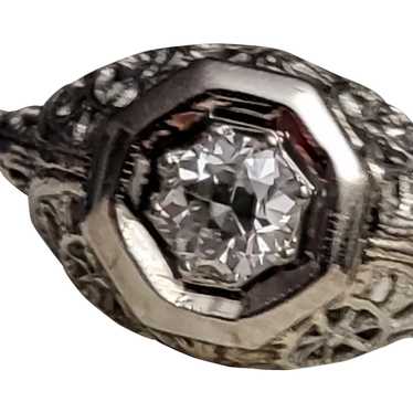 18K Antique  White Gold Diamond Ring Filigree