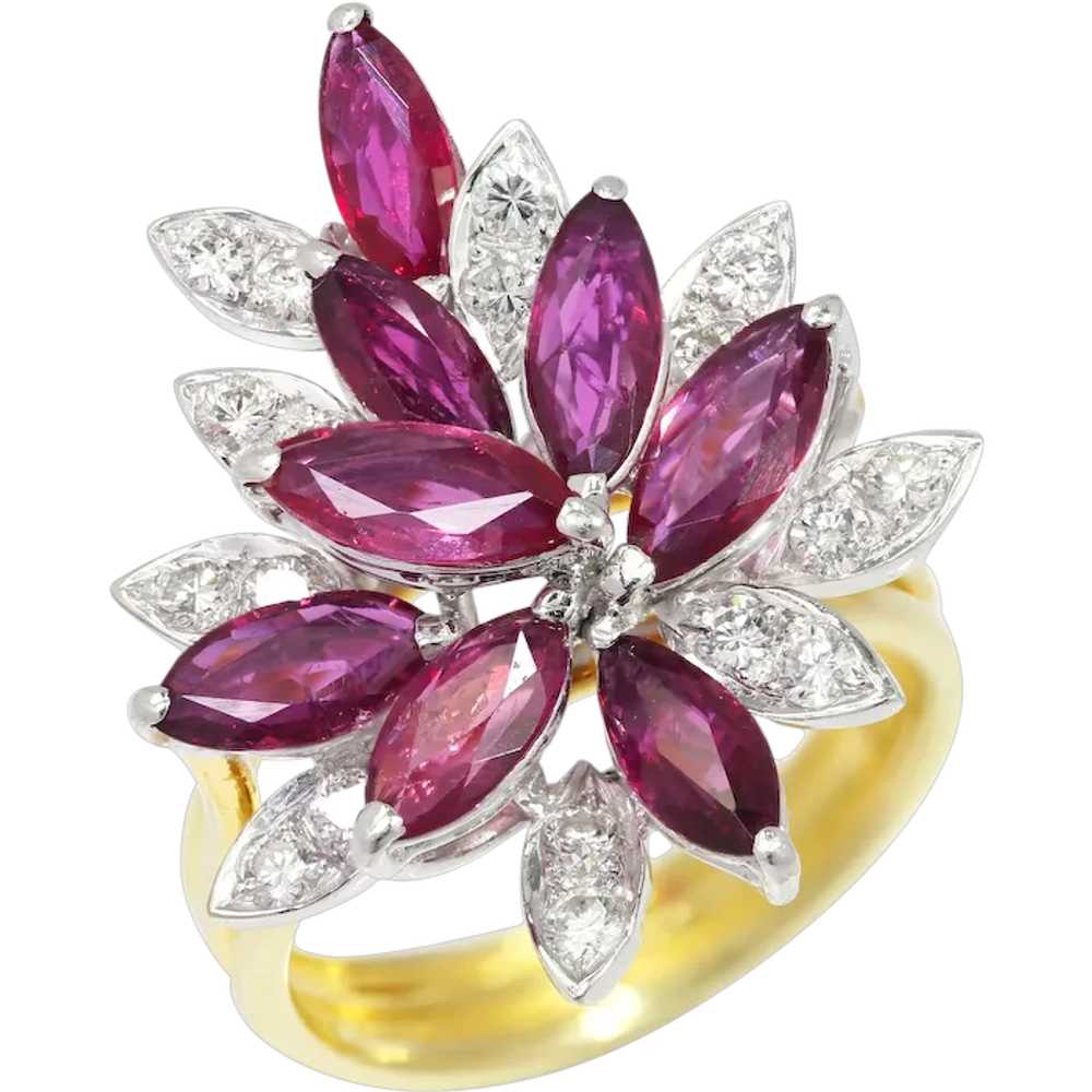 Marquise Ruby Cocktail Ring with Diamonds 18K Gol… - image 1