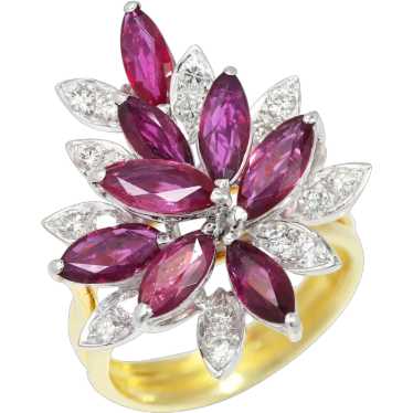 Marquise Ruby Cocktail Ring with Diamonds 18K Gol… - image 1