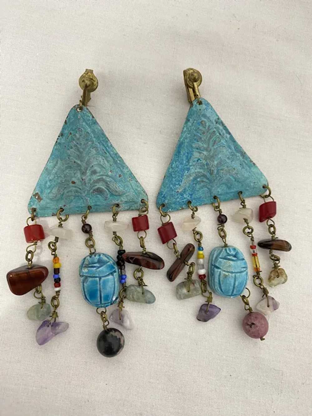 Vintage Egyptian Revival Scarab  drop Clip Earrin… - image 3