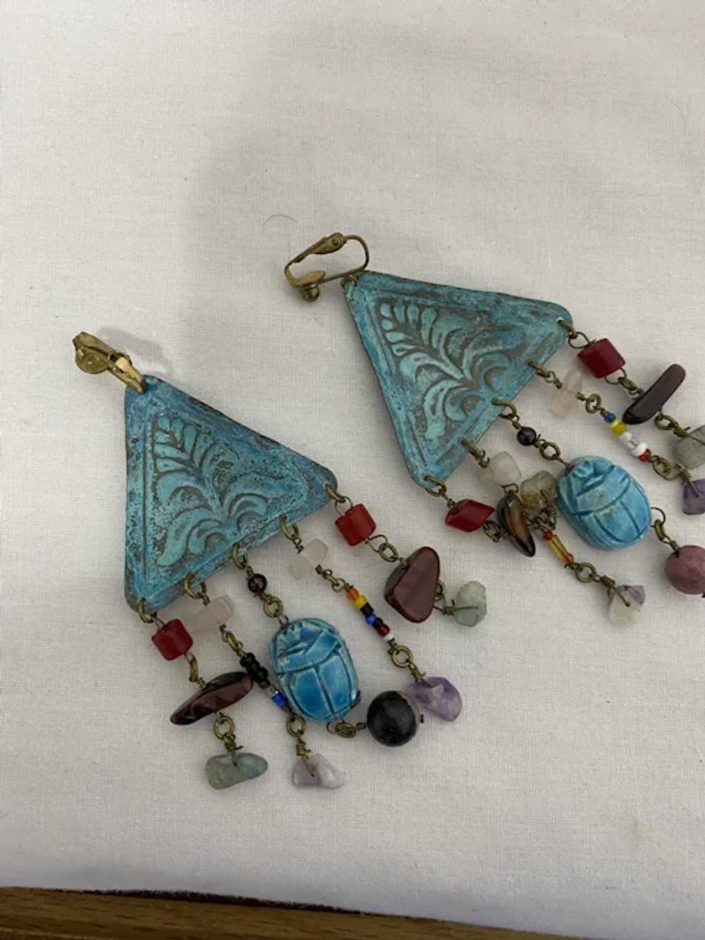 Vintage Egyptian Revival Scarab  drop Clip Earrin… - image 5